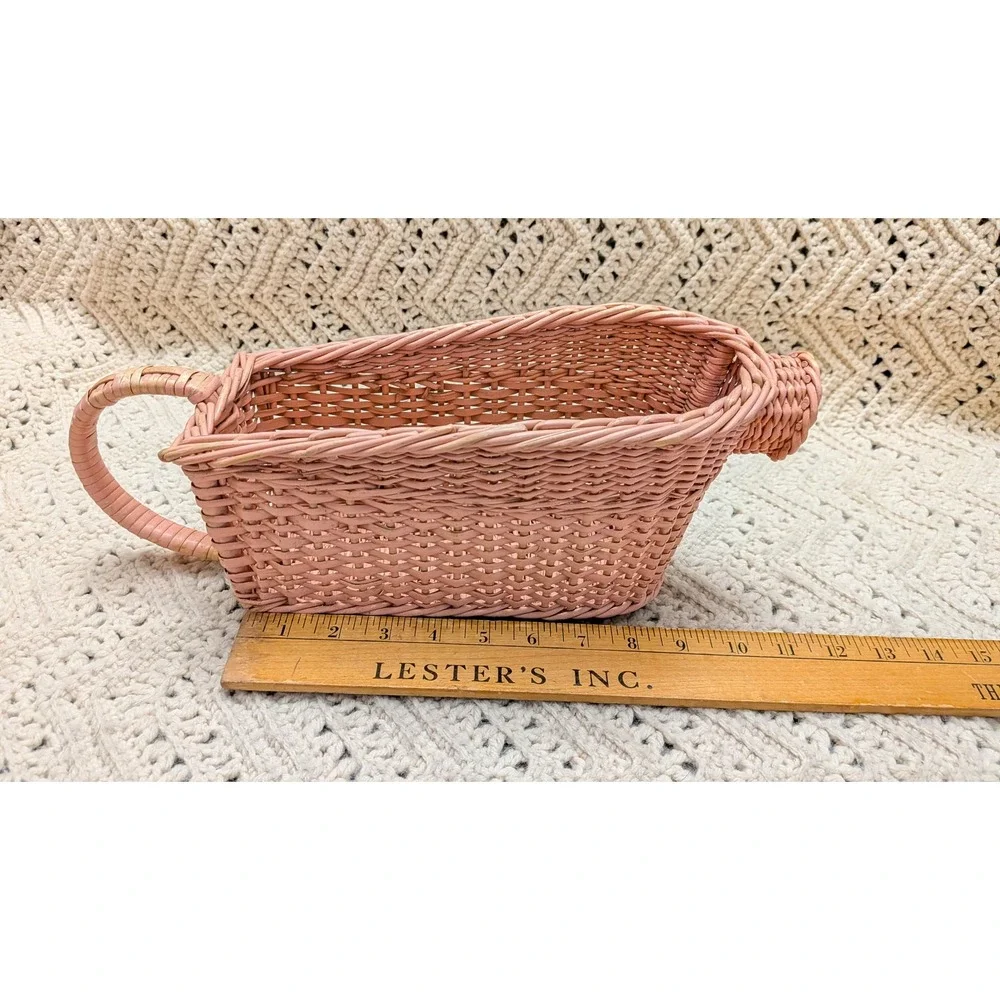 Vintage Pink Wicker Yarn Basket Scoop Shape Woven Storage with Handle